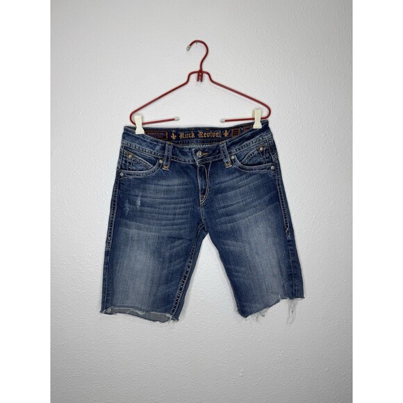Rock Revival Shorts Womens 32 Stephanie Cut Off Denim Flap Embelished Pocket Y2K - Picture 1 of 16